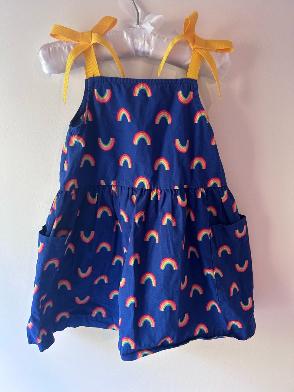 Hanna Andersson Navy Rainbow Print Dress with Yellow Tie Straps